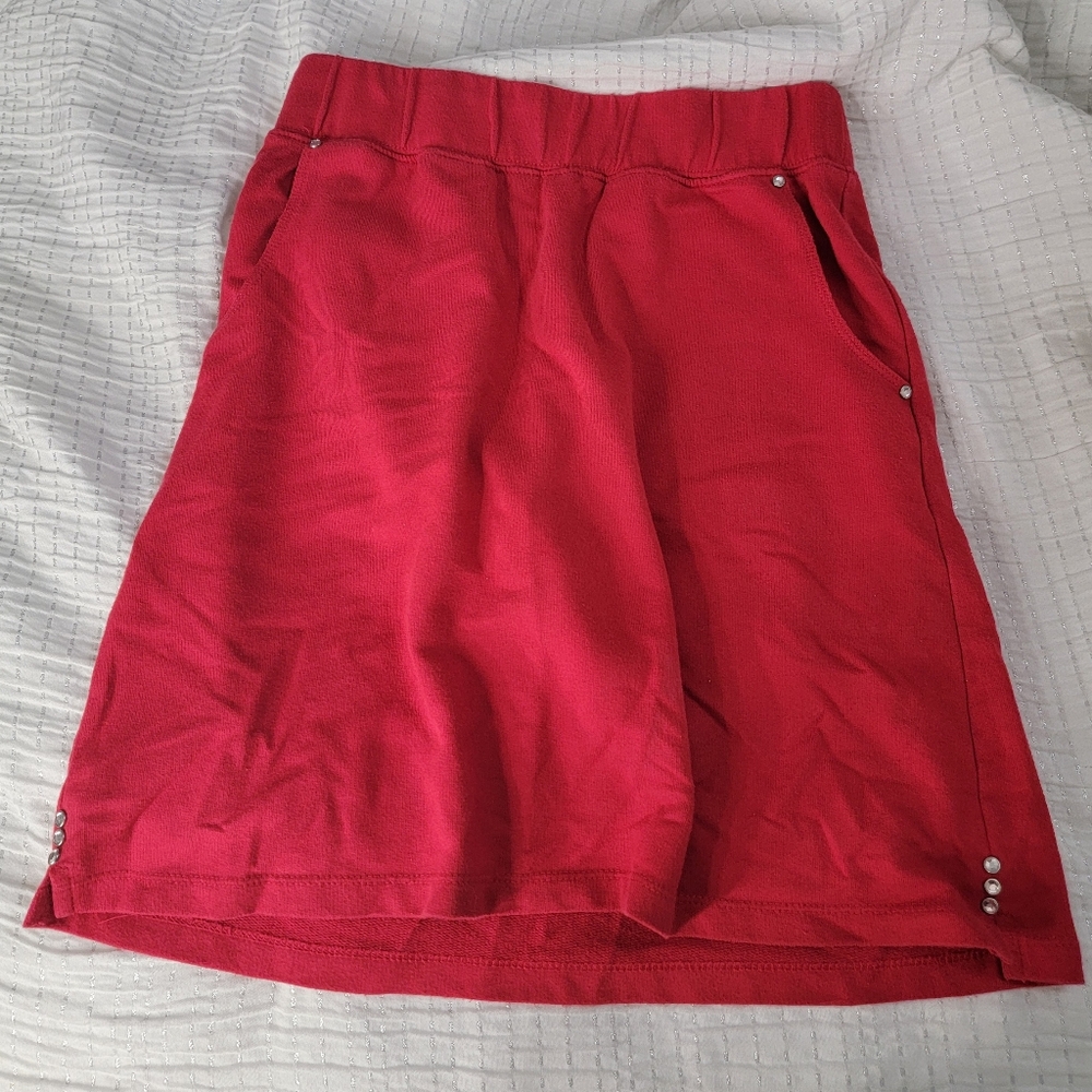 bright red skirt with rhinestones and pockets
